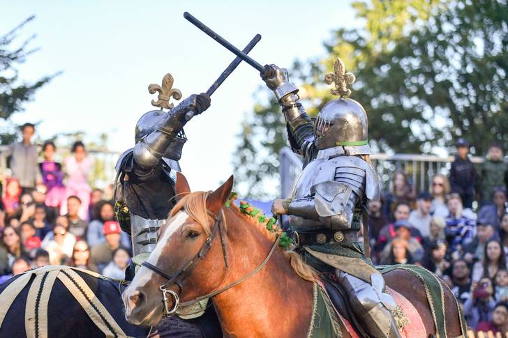 Two performers dressed like knights fight with swords on horses.